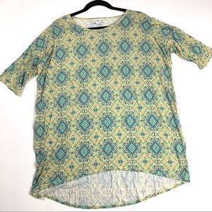 LuLaRoe Irma Tunic Large Yellow Blue Pattern